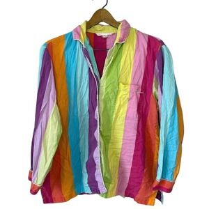 Women's Victoria Secret Rainbow Button Down Long Sleeve Sleep Shirt Top Y2K SZ M